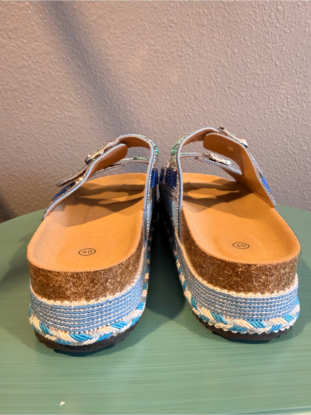 Boutique Sz 9.5 Bedazzled Beaded Blue Platform Slide Sandals Buckle Straps | EUC - Picture 8 of 11